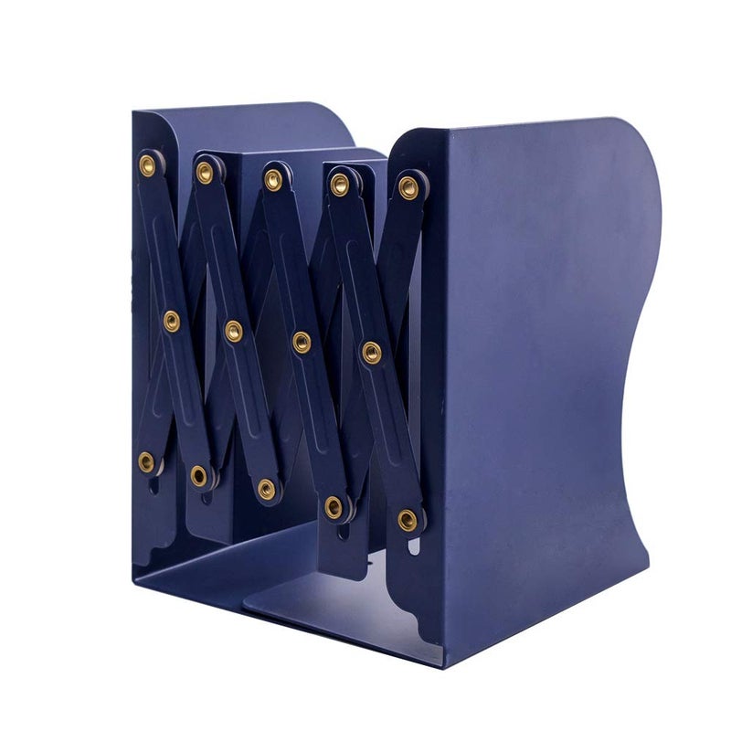 JIARI Book Ends, Blue Decorative Metal Iron Bookends Holder Stand Desk Nonskid Adjustable Bookend (Blue) - Image 1